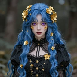 ''very beautiful girl, long blue hair, purple eyes, old black dress, beautiful, covered by golden flowers, angelic shine, creepy art, fantasy art, ultra detailed, by popular digital, realistic, high resolution, 8 k, artstation''
