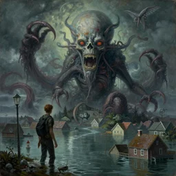 a beautiful painting of lovecraftian eldritch monsters taking over a flooded coastal town, in the style of thomas kinkade,