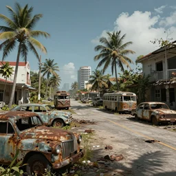 wide angle shot of dilapidated fallout 5 tropical coastal city in real life, desolate, dilapidated, empty streets, nightmarish, some rusted retro futuristic fallout vintage style parked vehicles like cars, buses, trucks, trams, sunny weather, few clouds, volumetric lighting, photorealistic, daytime, autumn, sharp focus, ultra detailed, cgsociety