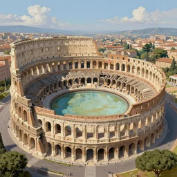 a colosseum like arena with it's central round inner arena part surrounded with water, view from the sky, detailed painting, 8 k