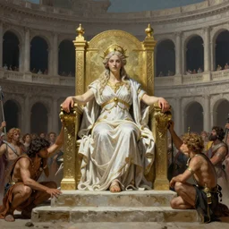 A goddess sits on a throne presiding over a gladiatorial match, by Greg Rutkowski, Frank Frazetta, Boris Vallejo, epic fantasy character art, olympus, Exquisite detail, post-processing, masterpiece, cinematic, coliseum