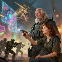 illustration of h. r. giger and liliia sitailo, artist paint in air colorful elements of bright sci - fi hologram elements, squad of swat shoot the monster, dramatic, sharp focus, depth of field, highly detailed, artstation, digital art, volumetric light, dynamic, expression
