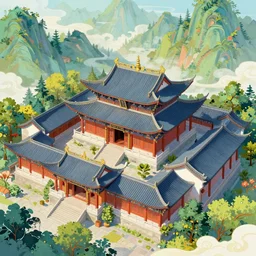 top down view of traditional chinese temple in yunnan, seen from above, surrounded by mountains and forest, traditional chinese art style, colorful bright illustration