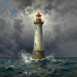 Brutalist Lighthouse in a stormy atlantic ocean, oil-on-canvas by Ivan Aivazovsky