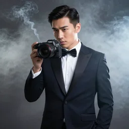 Man wearing classy tuxedo inside cloud of smoke, Canon EOS R3, details, f/1.4, ISO 200, 1/160s, 8K, unedited
