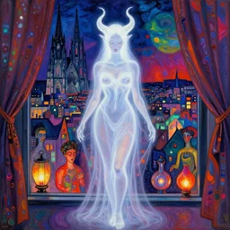 woman in transparent vaporous night gown with demonic luminescent white apparition, with city with gothic cathedral seen from a window frame with curtains. nighe, vivid iridescent psychedelic colors, lamps. munch, egon schiele, bosch, bonnard, henri de toulouse - lautrec, utamaro, monet, agnes pelton