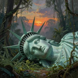 giant cut off statue of libertys head with crown is lying sideways on the ground reclaimed by the jungle .surrounded by tall vines in oversized misty jungle, moody sunset and dramatic sky , oil painting by frazetta, low angle, postapocalyptic, cinemascope panorama
