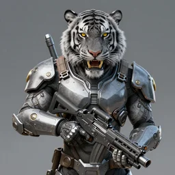 a humanoid tiger in futuristic body armor and grey fur, highly detailed, yellow eyes, teeth that protrude past their lower jaw holding a plasma rifle