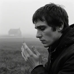 award winning photo of some despair as antonioni would depict it, he resembles brendan yates, listens to deafheaven, he borrows your dreams, photo, black and white, the background is a distant memory, insanely detailed, close up, foggy like in norwegian black metal aesthetic