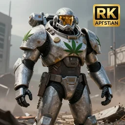 concept art of a space marine with cannabis leafs as insignia, a war torn city in the background, epic full shot, cinematic lighting, professional photography, sharp focus, octane render, highly detailed, very realistic, photorealistic, Artstationhd, 8k, award winning on Artstation, hyper detailed, hyper realistic