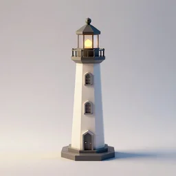 low-poly lighthouse figurine, studio product photography, isolated on a pure white background, centered, entire object in frame, sharp focus, soft studio lighting