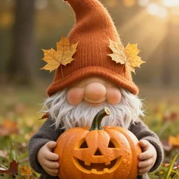 hand drawn cute one gnomes face in autumn disguise holding pumpkin, detailed closeup face, concept art, low angle, high detail, warm lighting, volumetric, godrays, vivid, beautiful, trending on artstation, by jordan grimmer, huge scene, grass, art greg rutkowski