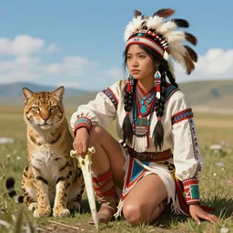 a beautiful native american girl, she is half - crouched a rests her hand on the ground, in the other hand a bone weapon, under her feet is a sit big cat. comanche, anime, manga, hyper detailed, 8 k, hdr, digital painting, artstation, cg