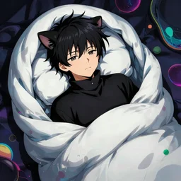 an anime neko boy dressed in black, inside a sleeping bag, psychedelic, highly detailed upper body, professionally post - processed, beautiful, epic, anime masterpiece, ilya