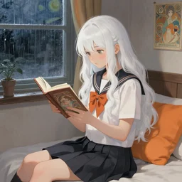 a girl in a jk uniform outfit in the bedroom reading a book in a night, raining outside the window, grey and orange theme ， wavy white long hair, by krenz cushart and mucha and akihito yoshida and greg rutkowski and makoto shinkai and vincent van gogh and monet, detailed eyes, 4 k resolution