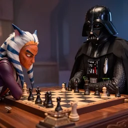 Ahsoka Tano playing chess against Darth Vader in The Clone Wars season 7, dslr, wide angle,
