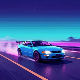 a car drifting on a neon road, digital art by beeple, in the style of retrowave