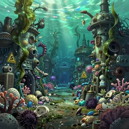 painted anime background of undersea slums shopping district built from various sea shells and corals and falling to decay, seaweed, light diffraction, steampunk, cyberpunk, cool colors, caustics, anime, vhs distortion, hazard warning signs, sickly green color palette, barnacles, sea urchins, inspired by splatoon by nintendo, art created by miyazaki