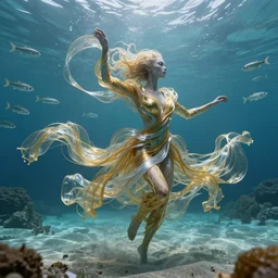 an alien woman with a body made of thousands of thin ribbons of translucent gold and silver fabric that are twisting and swirling in the swift current in an underwater landscape is dancing to a waltz, school of silver fish in the distance, sandy seafloor, caustics lighting from above, highly detailed, fantasy, octane render