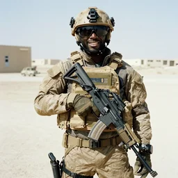 the rapper gunna dressed in full combat gear serving in iraq, film grain, smiling
