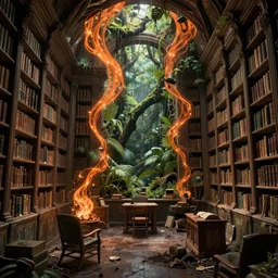 a ( ( decaying old library ) ) with a ( rainforest ) growing inside, orange - glowing - magical - wisps in air, highly detailed, intricate detail, realistic shaded lighting, beautiful 3 d rendering, octane render, hyperrealistic, trending on artstation, by greg rutkowski and simon stalenhag