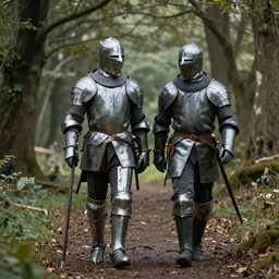 knight and his squire are walking through the forest. Realistic style