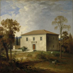 a beautiful painting of a building in a serene landscape by Annibale Carracci