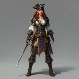 full body portrait of a female elven pirate, character design, correct anatomy, concept art, digital illustration, ray tracing, ultra detailed, fantasy, intricate and highly detailed, coloured with lots of colour, pose, fantasy, sharp focus,