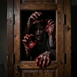 an extremely creepy picture of hands coming out of a wooden closet with blood