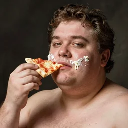 a fat man smears pizza on his face.