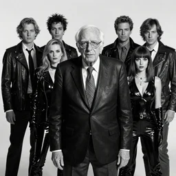 a fashion photo portrait of Senator Bernie Sanders, fetish, leather, pvc, medium shot. In the style of Helmut newton, robert maplethorpe, Stefano Brunesci, Lachlan Bailey, Herb Ritts, Ellen Von Unwerth, Haris Nukem, Sardax, Annie Leibovitz. detailed photo, hd, 4k, trending on artstation, b&w, 35mm, f1.8
