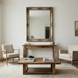 sophisticated rustic minimalistic living room, light colored theme, mirror, promotional photography, house magazine