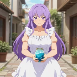 full body huge chested anime waifu with lavender hair white ruffly dress, holding jarred ocean. spanish ghibli alleyway. symmetrical face. symmetrical detailed defined eyes. isekai background style.