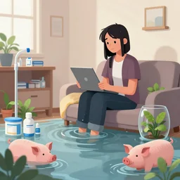a femme emo pathology student in her apartment, a river flooding inside, medical supplies, pigs, plants in glass vase, pork, water, river, rapids, canoe, pomegranate, berries dripping, waterfall, swans, acrylic on canvas, surrealist, by magritte and monet