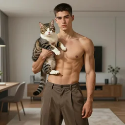 full body portrait of a single beautiful young fit man, modern haircut, open shirt, large pants, holding a detailed photorealistic kitty on his arm. by greg rutkowski and alphonse mucha, d & d character, in front of a modern room background, highly detailed portrait, digital painting, artstation, concept art, smooth, sharp focus illustration, artstation hq