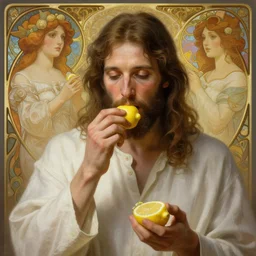 Jesus eating a lemon, diffuse lighting, fantasy, intricate, elegant, highly detailed, lifelike, photorealistic, digital painting, artstation, illustration, concept art, smooth, sharp focus, art by John Collier and Albert Aublet and Krenz Cushart and Artem Demura and Alphonse Mucha