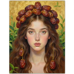 epic painting, full figure portrait of beautiful goddess with with sweet dried dates fruits, medjool dates, dried dates crown,, green tea leaves background, golden glow background, drawing, photography by amy leibowitz, wlop, jeremy lipkin, beeple, intricate, 4 k, brown wavy hair, symmetrical front portrait