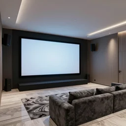 a modern home movie theater, sleek, stylish, comfortable, charcoal sketch, professional