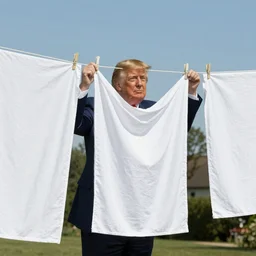 Donald Trump hanging white linen sheets on a clothesline, sunny day