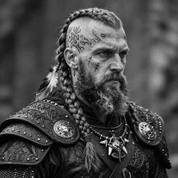 a cinematic view of wide bw photo from a very ornated old shavo odadjian viking, half shaved haircut, braided beard, showing nordic tattoos in the head, scars in the face, feather earing, using leather armour with necklace of teeth, marvelous expression, photorealistic, volummetric light, detailed, texturized, zeiss lens high professional mode