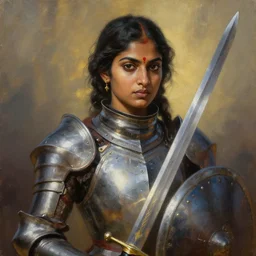 greg manchess oil matte portrait painting, sri lankan female knight with beautiful face, sword and shield, wonderful masterpiece highly detailed, scifi, beautiful cinematic light deep focus, elegant, digital painting, smooth, sharp focus, golden ratio, dramatic illumination, ultra realistic, 4 k, art by greg rutkowski wlop rossdraws