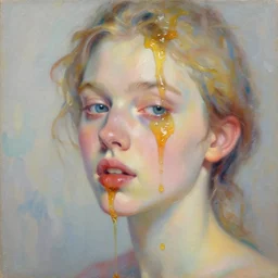 portrait of a beautiful girl, thick liquid translucent honey dripping over face, brush strokes all over, intimate, pastel shades colors, beautiful face, rule of thirds, spotlight, expressive, passionate, by greg rutkowski, by tom bagshaw, by jeremy mann, by francoise nielly, by vincent van gogh, oil painting