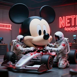 futuristic race car mechanics with astronaut helmets on their heads!! focused on fixing a huge mickey mouse doll head with blood splattered on cheek!! red netflix neon office sign in background, beeple!!, minimal, movie still, private car garage, dystopian