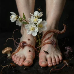 disgusting disturbing dutch golden age bizarre mutant wet dew flower floral still life with many human toes realistic human toes blossoming everywhere insects very detailed fungus tumor disturbing tendrils bizarre slimy forms sprouting up everywhere by rachel ruysch christian rex van minnen black background chiaroscuro dramatic lighting perfect composition high definition 8 k 1 0 8 0 p