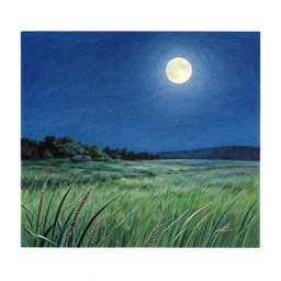 a field at night, night time, moonlight, dark blue sky, finely illustrated, highly detailed, colored pencil, good value control, good edge control, anime, animation, octane render, 8 k