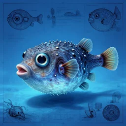 motionless pufferfish, in the style of Greg Broadmore and Arthur Rackham and Moebius,trending on artstation, light lighting side view,digital art,surrealism ,macro,blueprint ,vaporwave ,
