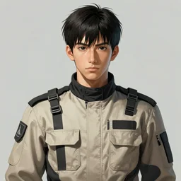 portrait of a man by hajime isayama, he is about 3 0 years old, short black hair with bangs, his features are a mix between french, turkish and russian and he is wearing a beige and black utility jumpsuit, highly detailed portrait, digital painting, artstation, concept art, smooth, sharp foccus ilustration, artstation hq.