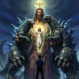 Giant titan Jesus christ holding the neck of a giant titan Godzilla,   matte fantasy painting, DeviantArt Artstation, by  Jen Zee and Tatsuya Yoshikawa  by Utsurowazaru Mono  by Tatsuya Yoshikawa  by Hajime Isayama, cinematic lighting