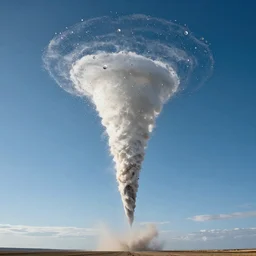 many big drops of water floating in a cylinder shape like a tornado in a perfect blue sky, hot and sunny highly-detailed, elegant, dramatic lighting, artstation, 4k, cinematic landscape, photograph by National Geographic