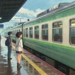 the train by the platform, the movie the garden of words by makoto shinkai, a little bright, light rain, moist, 8 k, unreal engine